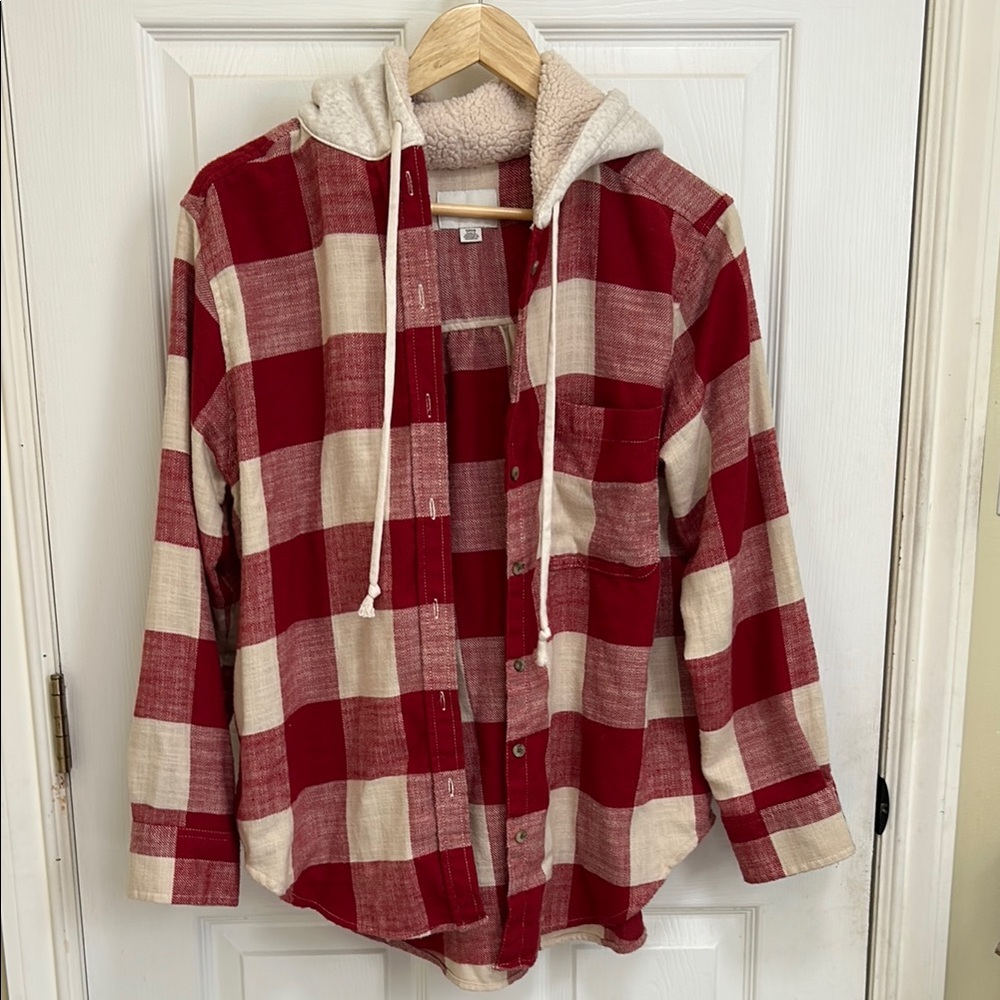 Red and Cream Plaid Hooded Shirt